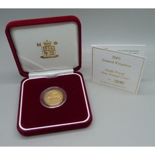 1037 - The Royal Mint, 2005 UK Gold Proof One Pound Coin, 0219, 19.619g