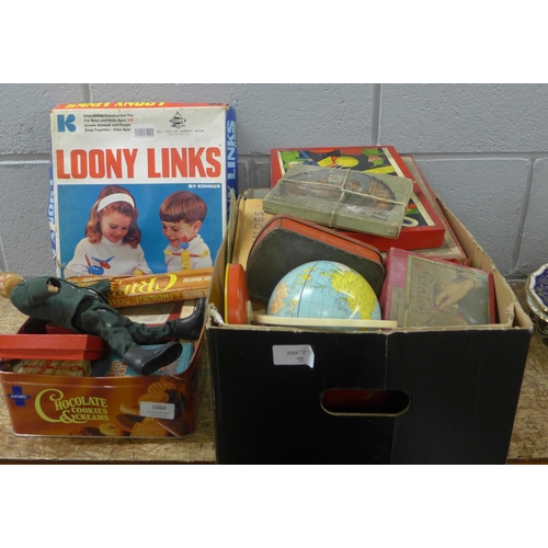 1064 - A collection of vintage toys and games, a globe, an Action Man, lacking hand, and marbles **PLEASE N... 