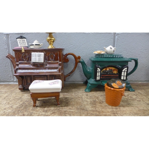 1068 - Six novelty teapots including Smart car and piano **PLEASE NOTE THIS LOT IS NOT ELIGIBLE FOR POSTING... 