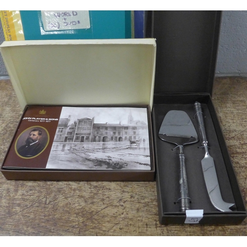 1073 - A 100 years of Football coin collection, Man In Flight coin collection, cheese knife and plane set, ... 