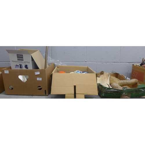 1082 - Three boxes of mixed china, glass, old Teddy bear, antler, walking stick, etc. **PLEASE NOTE THIS LO... 