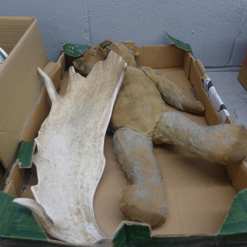 1082 - Three boxes of mixed china, glass, old Teddy bear, antler, walking stick, etc. **PLEASE NOTE THIS LO... 