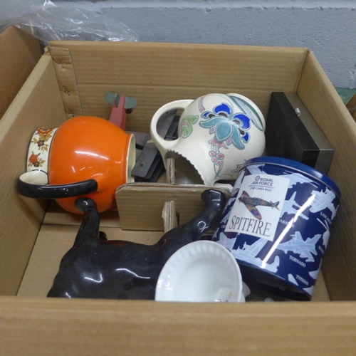 1082 - Three boxes of mixed china, glass, old Teddy bear, antler, walking stick, etc. **PLEASE NOTE THIS LO... 