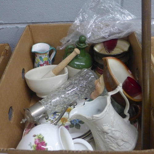 1082 - Three boxes of mixed china, glass, old Teddy bear, antler, walking stick, etc. **PLEASE NOTE THIS LO... 