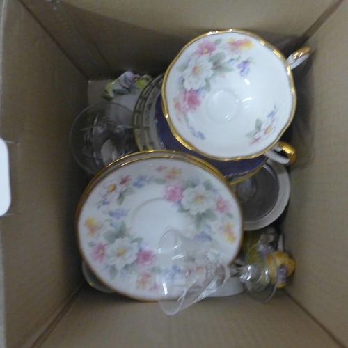 1082 - Three boxes of mixed china, glass, old Teddy bear, antler, walking stick, etc. **PLEASE NOTE THIS LO... 