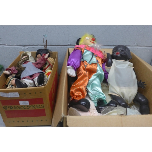 1083 - Two boxes of mixed dolls, vintage and modern, including a clown, black doll, native American squaws,... 