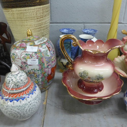 1088 - Two boxes of jewellery display stands, two wash bowls and jugs, large vase, yellow glass vase, other... 