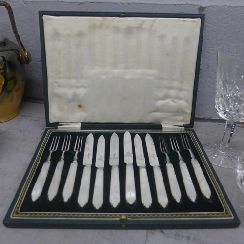 1094 - A cased set of six mother of pearl handle pastry knives and forks, a Tudor set of six crystal sherri... 