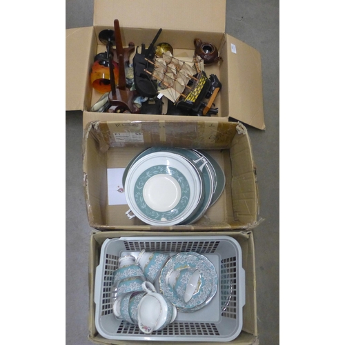 1097 - A box of assorted items and two boxes of china, Royal Albert Enchanted cups, saucers, side plates, c... 