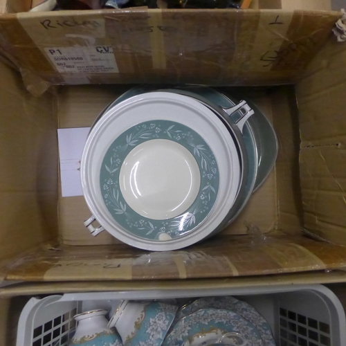 1097 - A box of assorted items and two boxes of china, Royal Albert Enchanted cups, saucers, side plates, c... 