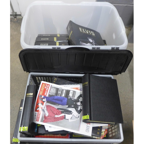 1105 - Two boxes of Elvis Presley magazines, Elvis, The Man and His Music and other books and magazines **P... 