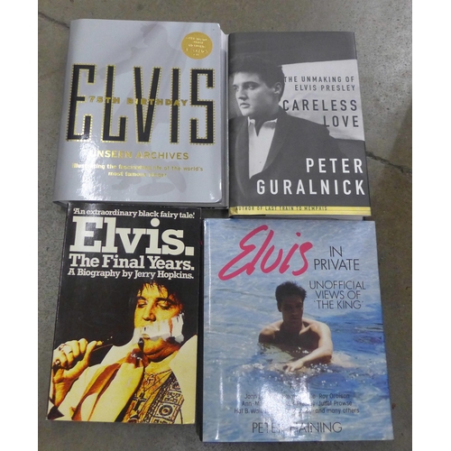 1114 - Elvis Presley hardback and paperback books, a box of memorabilia including mirror, scrap books, maga... 