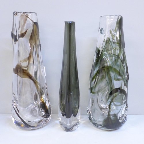 603 - Two Whitefriars smoky glass vases and an Orrefors glass vase