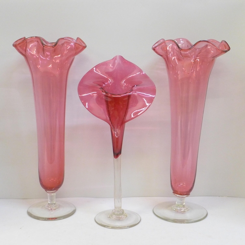 608 - A pair of cranberry glass vases, 36cm and a Jack in the Pulpit cranberry glass vase **PLEASE NOTE TH... 