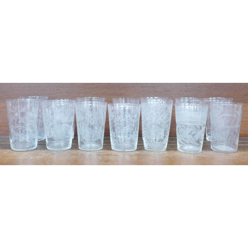 624 - Fourteen etched glass beakers, each with name and some dated, late 19th/early 20th Century **PLEASE ... 