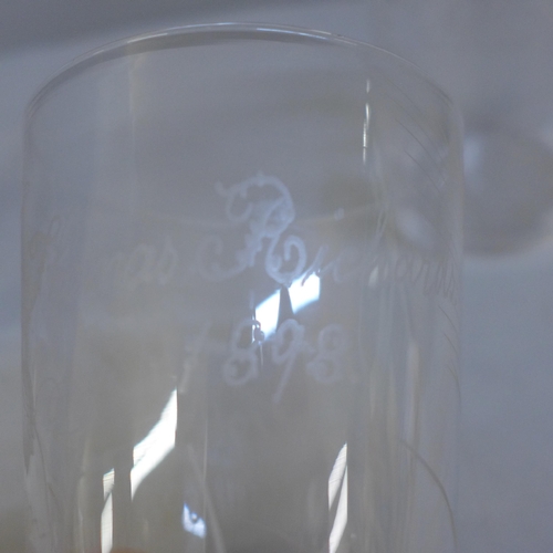 624 - Fourteen etched glass beakers, each with name and some dated, late 19th/early 20th Century **PLEASE ... 