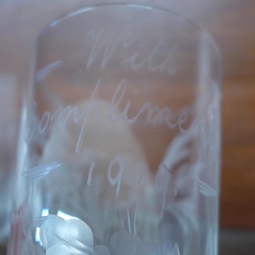 624 - Fourteen etched glass beakers, each with name and some dated, late 19th/early 20th Century **PLEASE ... 