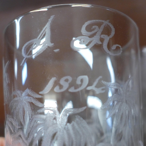 624 - Fourteen etched glass beakers, each with name and some dated, late 19th/early 20th Century **PLEASE ... 