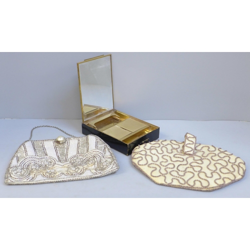 638 - Two Edwardian beaded purses and a 1940s Park Lane L.S. Mayer all in one compact, lacking handle