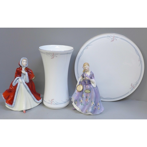 649 - Two Royal Doulton figures; Rachel and Nicola and two Royal Doulton Carnation pieces; a gateau plate ... 