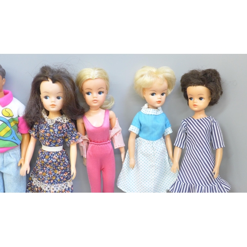 656 - Six vintage Pedigree Sindy dolls, one Paul, Sindy clothes and shoes