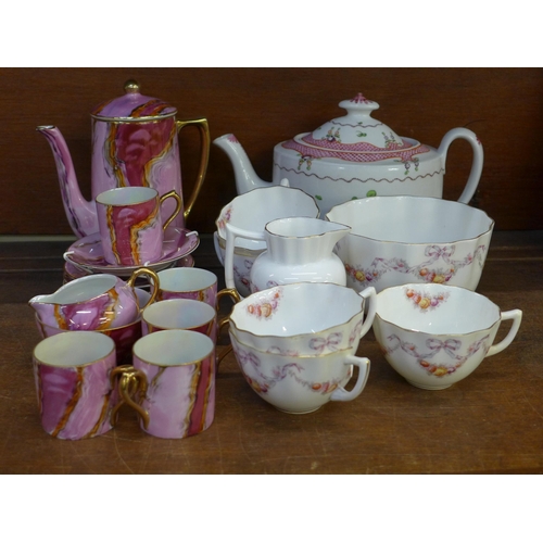 672 - A Czech pink lustre six setting coffee set, lacking one cup, five Aynsley tea cups, milk jug and sug... 