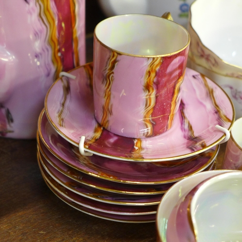 672 - A Czech pink lustre six setting coffee set, lacking one cup, five Aynsley tea cups, milk jug and sug... 