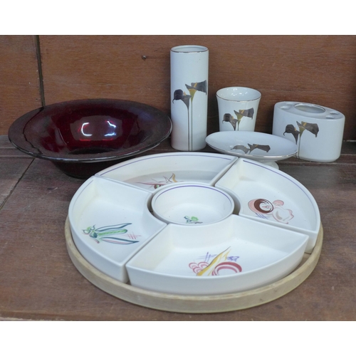 675 - An Otigiri Japan four piece bathroom set, a deep ruby glass bowl and a Poole hors d'oeuvres set