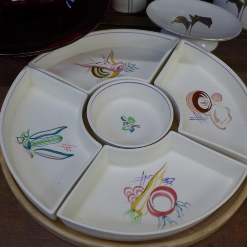 675 - An Otigiri Japan four piece bathroom set, a deep ruby glass bowl and a Poole hors d'oeuvres set