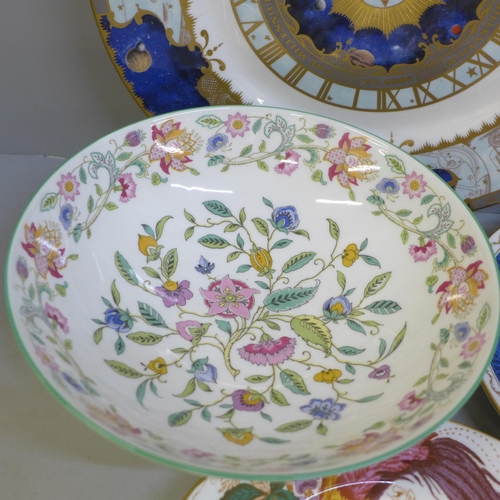 687 - A Minton Haddon Hall bowl, Royal Crown Derby Olde Avesbury plate, a commemorative plate and a large ... 