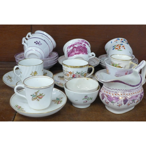 695 - Four Victorian pink lustre cups and saucers, a similar cream jug, two other Victorian cups and sauce... 