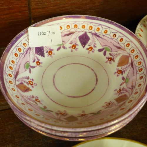 695 - Four Victorian pink lustre cups and saucers, a similar cream jug, two other Victorian cups and sauce... 