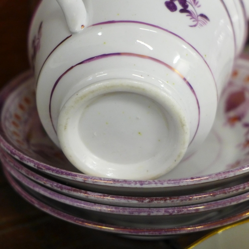 695 - Four Victorian pink lustre cups and saucers, a similar cream jug, two other Victorian cups and sauce... 