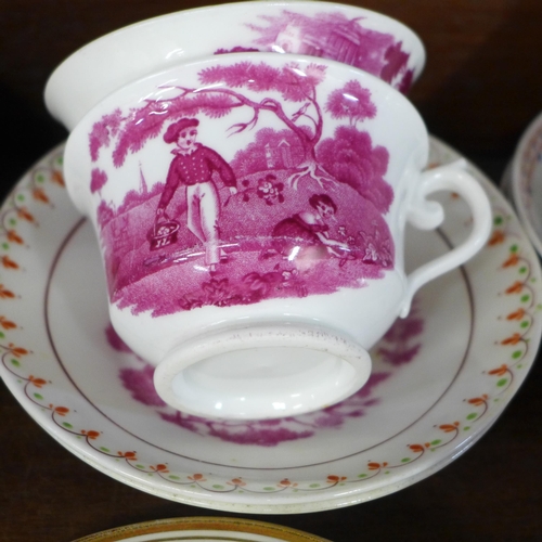 695 - Four Victorian pink lustre cups and saucers, a similar cream jug, two other Victorian cups and sauce... 