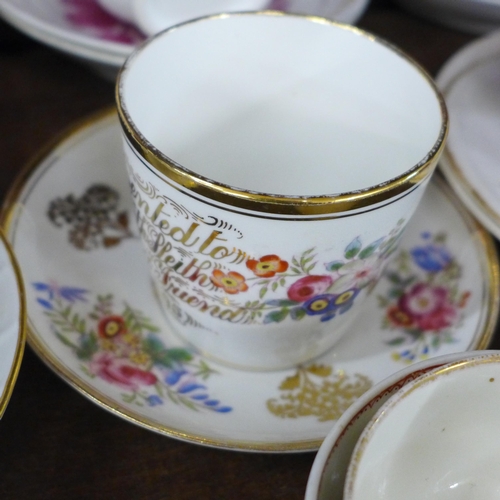 695 - Four Victorian pink lustre cups and saucers, a similar cream jug, two other Victorian cups and sauce... 