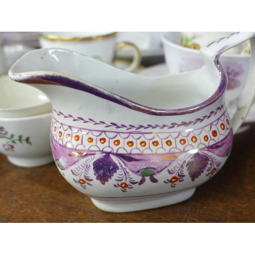 695 - Four Victorian pink lustre cups and saucers, a similar cream jug, two other Victorian cups and sauce... 