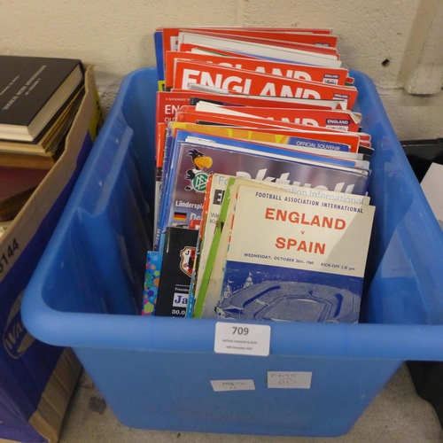 709 - Football memorabilia; a large box of programmes for England games (home and away), 1960 onwards