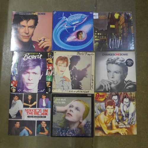 738 - Eight David Bowie LP records including one German and New Kids On The Block 12