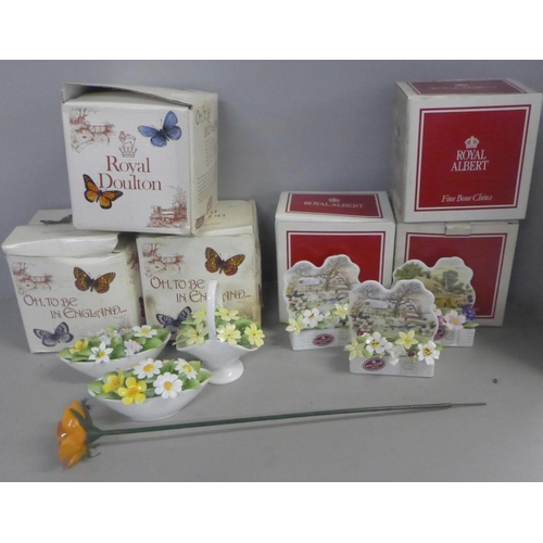 745 - Five Royal Albert china roses, three boxed, Royal Albert florals and three boxed Royal Doulton flora... 