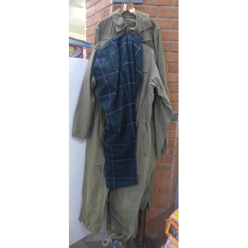 753 - US and German tank suits and a pair of tartan trousers