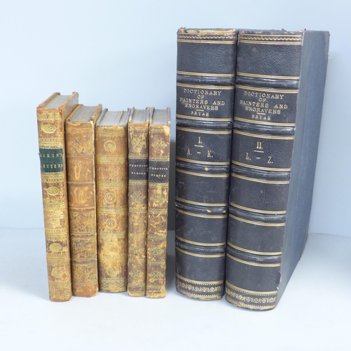 758 - Two volumes of Dictionary of Painters and Engravers, 1889 and five other 1800s books