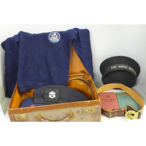 761 - The Boys' Brigade, hats, sweater, belt, badges, a The Duke of Edinburgh's Award Record Book, etc.