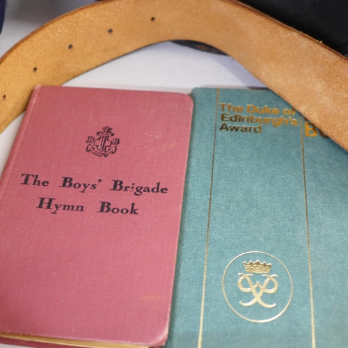 761 - The Boys' Brigade, hats, sweater, belt, badges, a The Duke of Edinburgh's Award Record Book, etc.