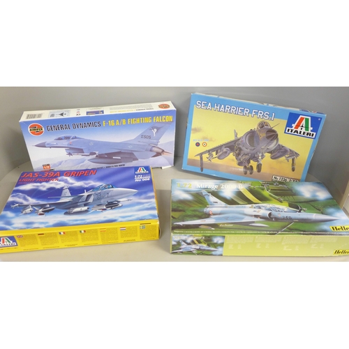 771 - Four model kits, Sea Harrier, Fighting Falcon and two others