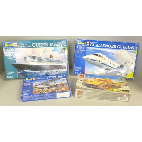 773A - Three Revell and one Airfix model kits; Queen Mary 2, Challenger CL601/602 and two others