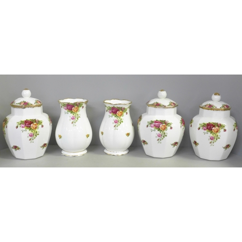 781 - Three Royal Albert Old Country Roses Mayfair covered jars and Gainsborough vases, all boxed