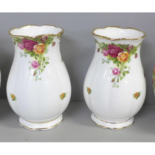 781 - Three Royal Albert Old Country Roses Mayfair covered jars and Gainsborough vases, all boxed