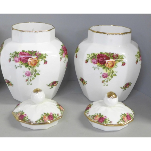 781 - Three Royal Albert Old Country Roses Mayfair covered jars and Gainsborough vases, all boxed