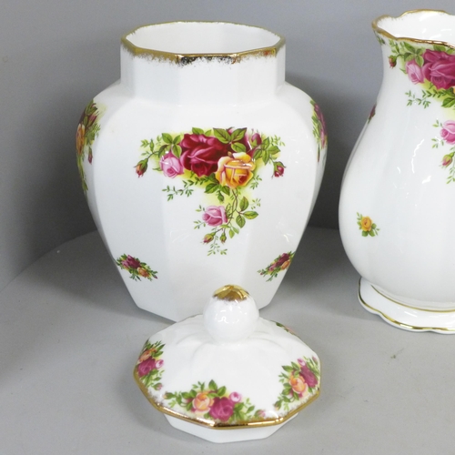 781 - Three Royal Albert Old Country Roses Mayfair covered jars and Gainsborough vases, all boxed