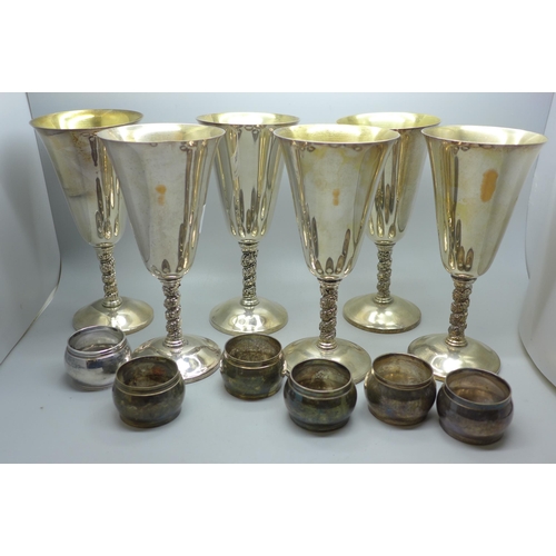 784 - A set of six Spanish silver plated goblets and six plated napkin rings